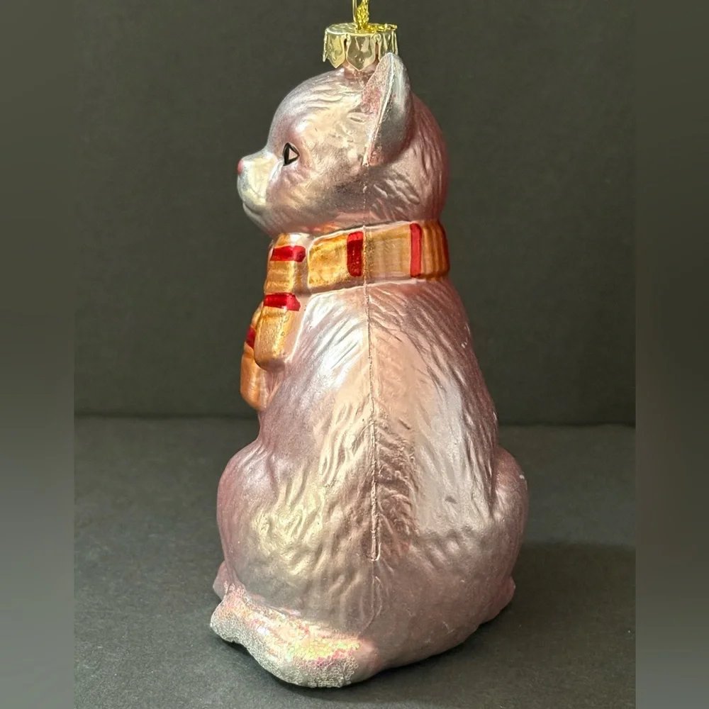 Elegant Pink Iridescent Feline Cat Striped Scarf Blown Glass Ornament Home Decor